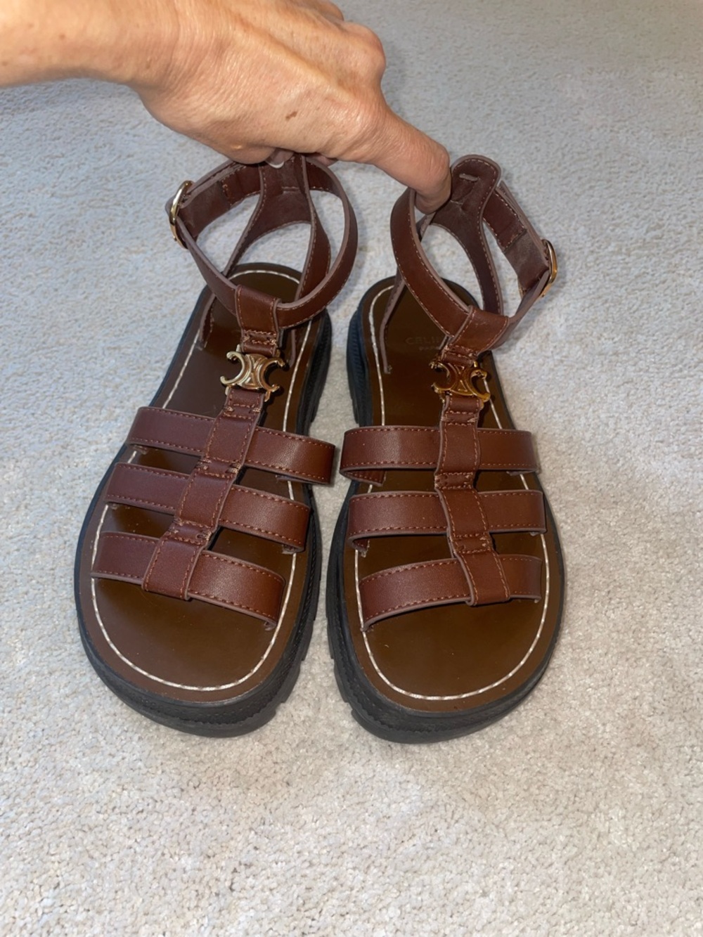 Celine Brown Leather Platform Fisherman Sandals with Gold Hardware - Picture 2 of 9